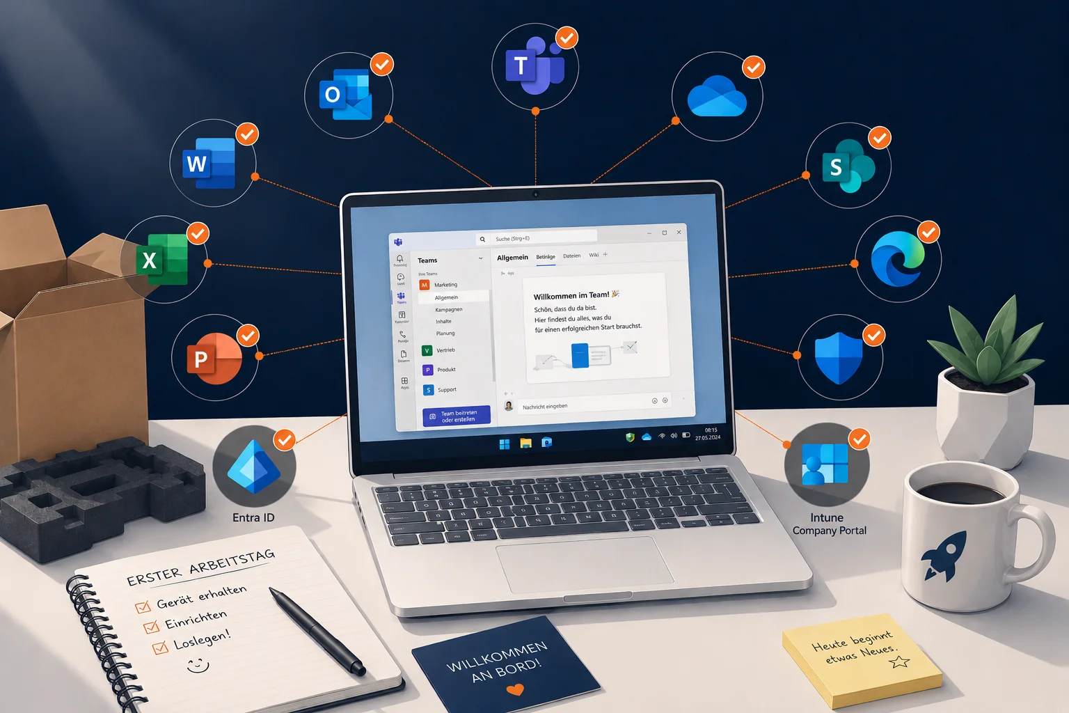 Frisch eingerichteter Schreibtisch zum ersten Arbeitstag: Notebook mit Teams-Willkommensnachricht, daneben geöffnete Versandbox, ein Notizbuch mit Checkliste „Erster Arbeitstag